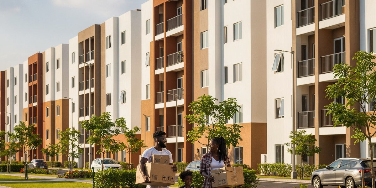 A modern affordable housing estate in Nigeria as a young family moves in