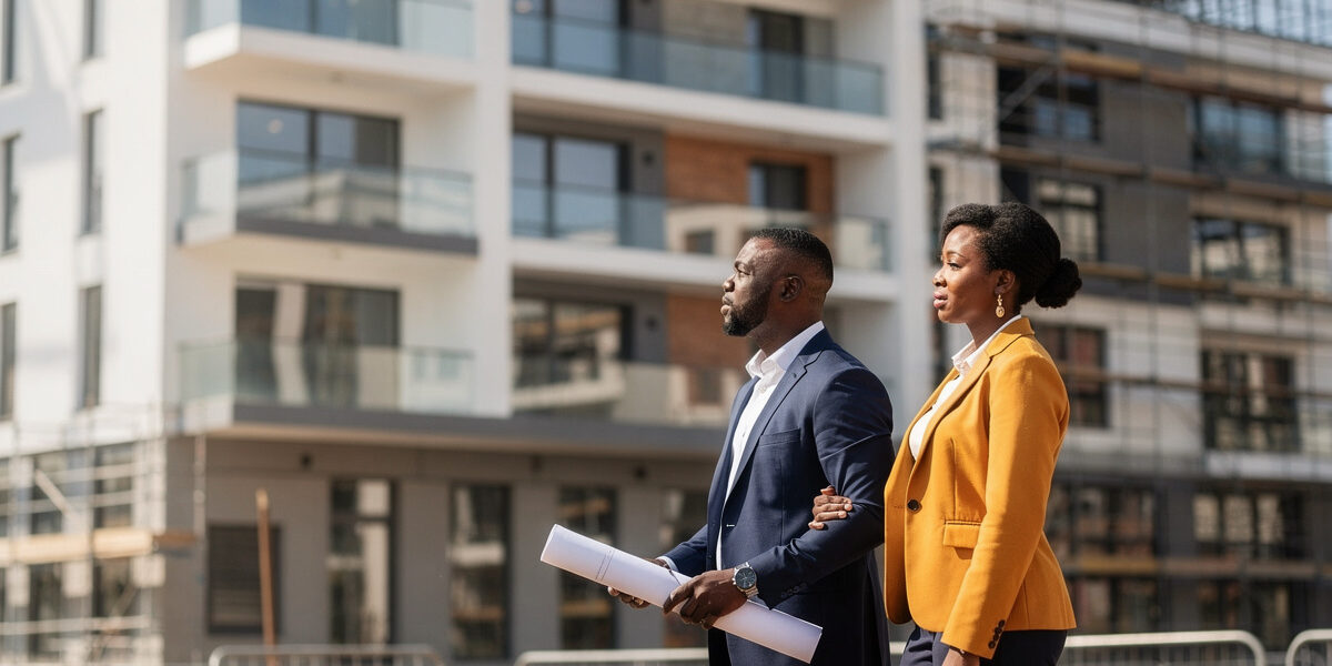 Buyers weighing off-plan property in Lagos at a partly built apartment development