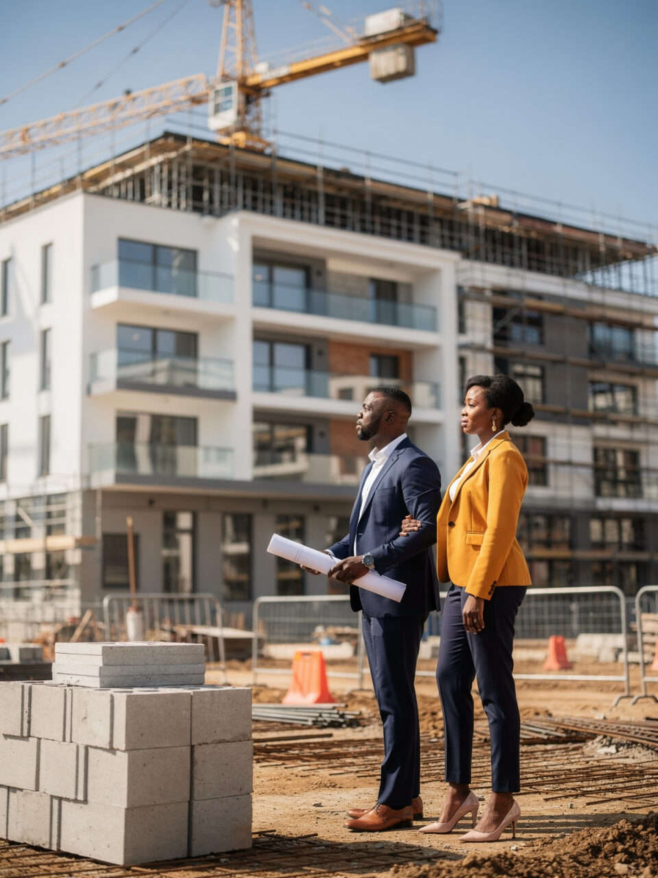 Off-plan property in Lagos development Buyers weighing off-plan property in Lagos at a partly built apartment development