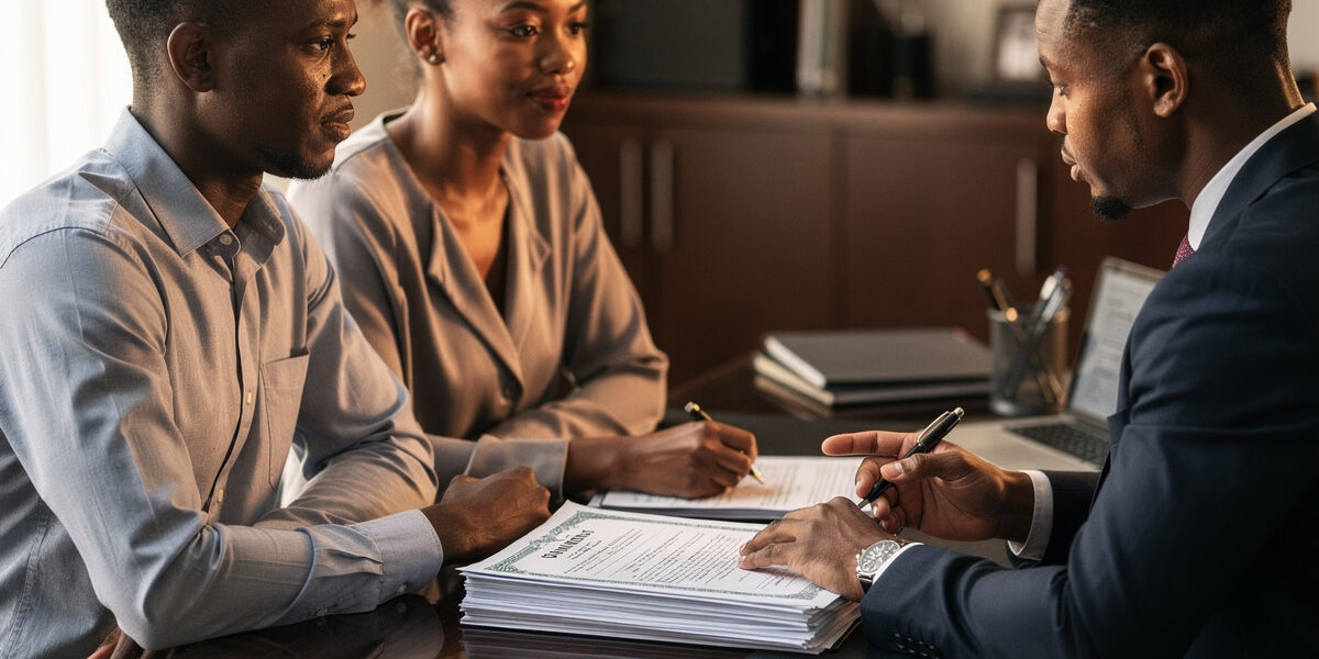 Couple reviewing a title deed for proof of property ownership in Nigeria beside a receipt