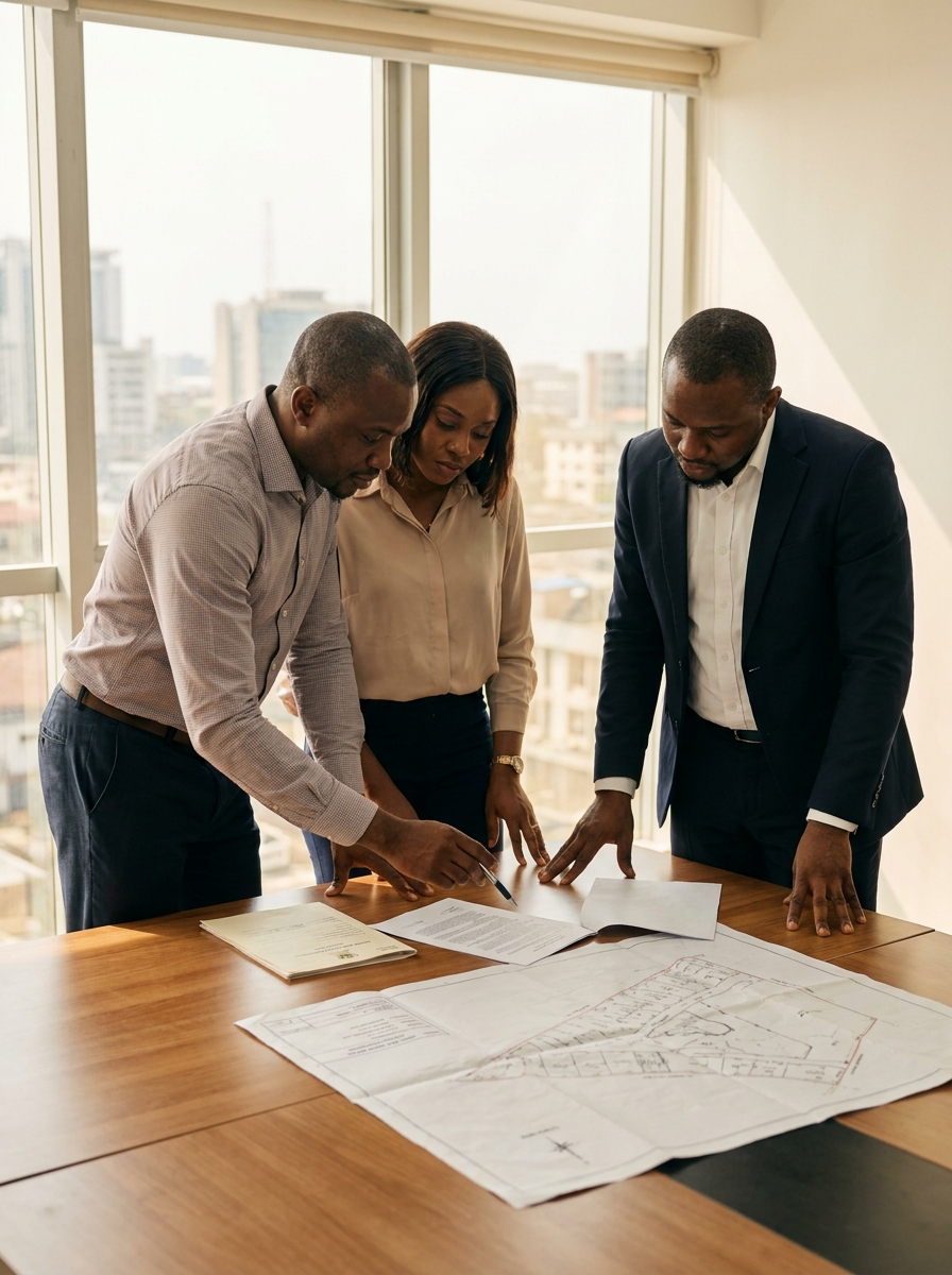 Questions to ask before buying land in Lagos Couple reviewing the questions to ask before buying land in Lagos with a lawyer